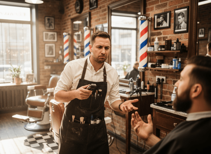 A photorealistic photo of a barber with a confused puzzled expression trying to understand a customer talking, in an American barbershop, realistic candid documentary style