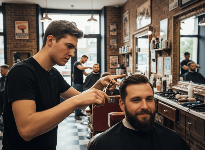 A photorealistic photo of a nervous new barber carefully cutting a customer's hair with scissors in an American barbershop, focused expression, realistic documentary style