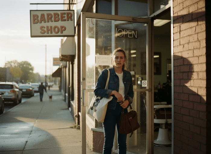 A photorealistic photo of a nervous woman standing at the entrance of an American barbershop on her first day of work, holding a bag, realistic documentary style, morning light