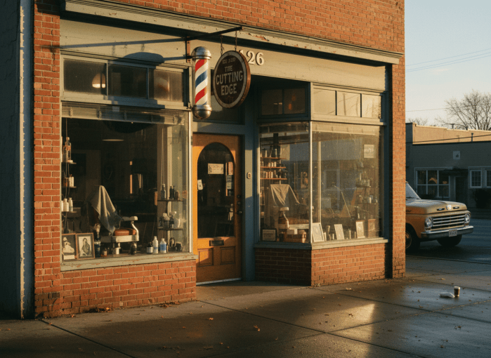 A photorealistic photo of the exterior of a small American barbershop storefront early in the morning with soft sunrise light, barber pole sign, realistic documentary style
