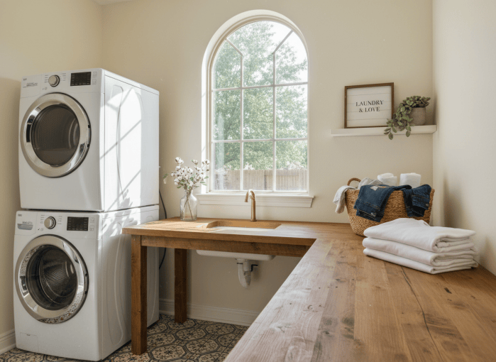 Photorealistic photo of an indoor laundry room in a Texas suburban home with a washer and dryer, folded laundry nearby, warm natural light through a window, realistic interior photography